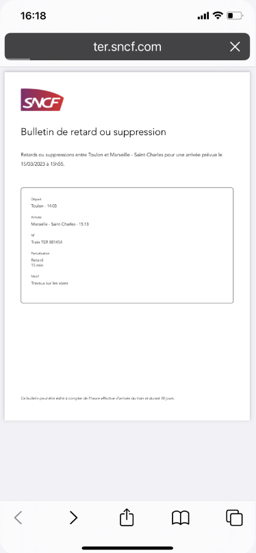 Visuel d'un bulletin de retard pouvant être téléchargé